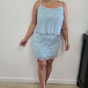 Xscape Women's Beaded Mesh Popover Spaghetti Dress